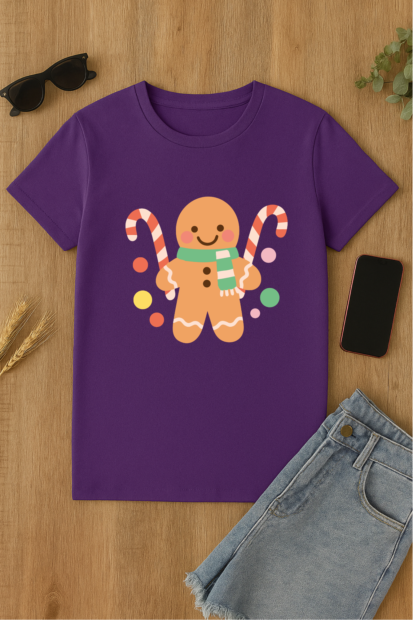 Camiseta morada con diseño de muñeco de jengibre