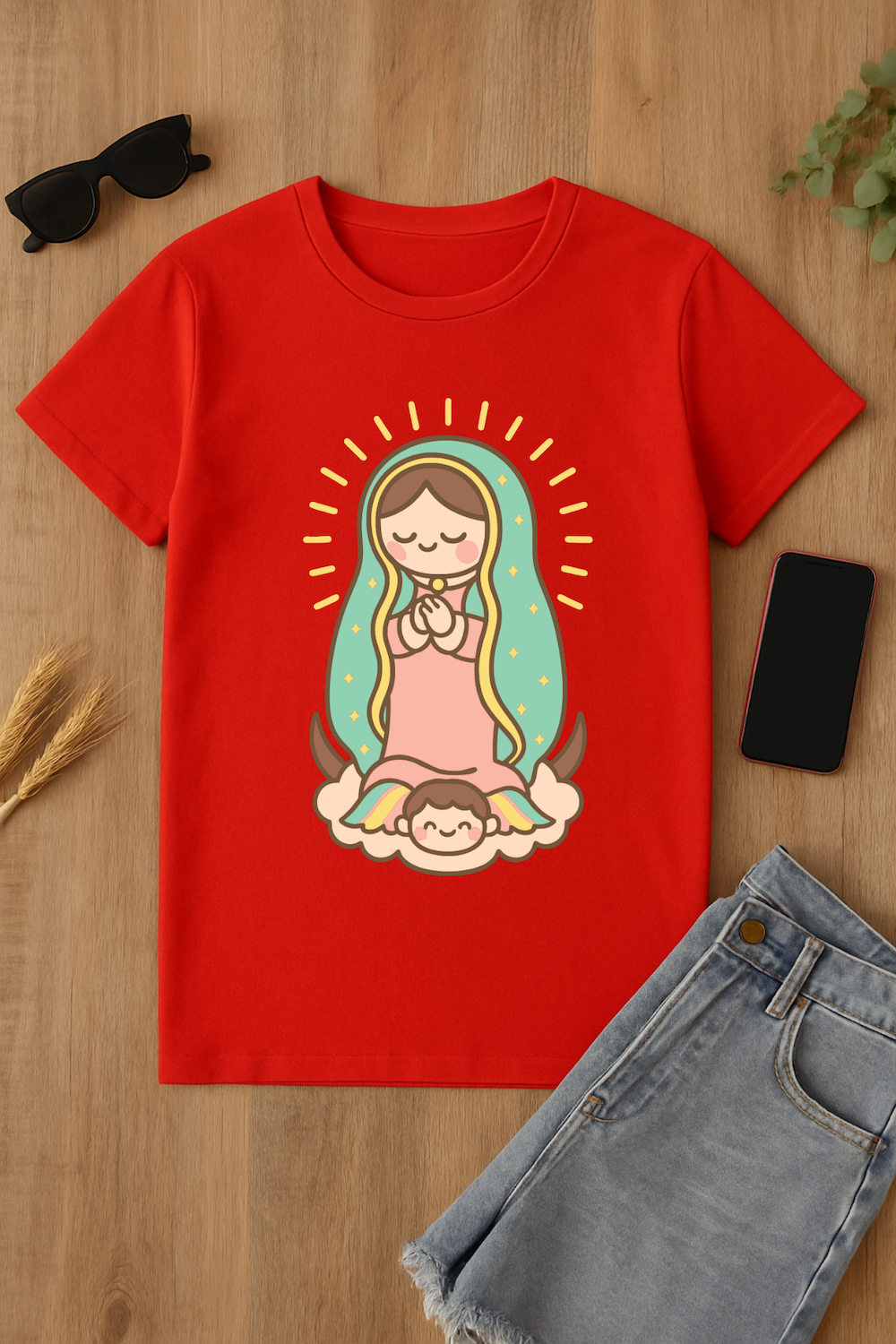 Camiseta roja con imagen de la Virgen