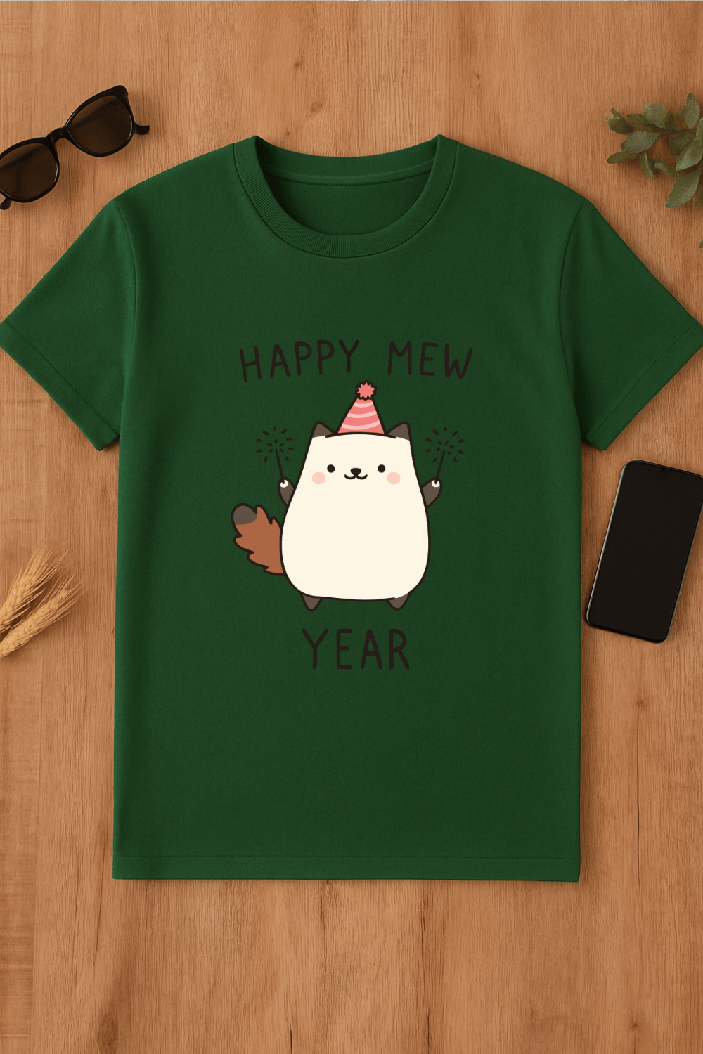 Camiseta verde con diseño de gato festivo