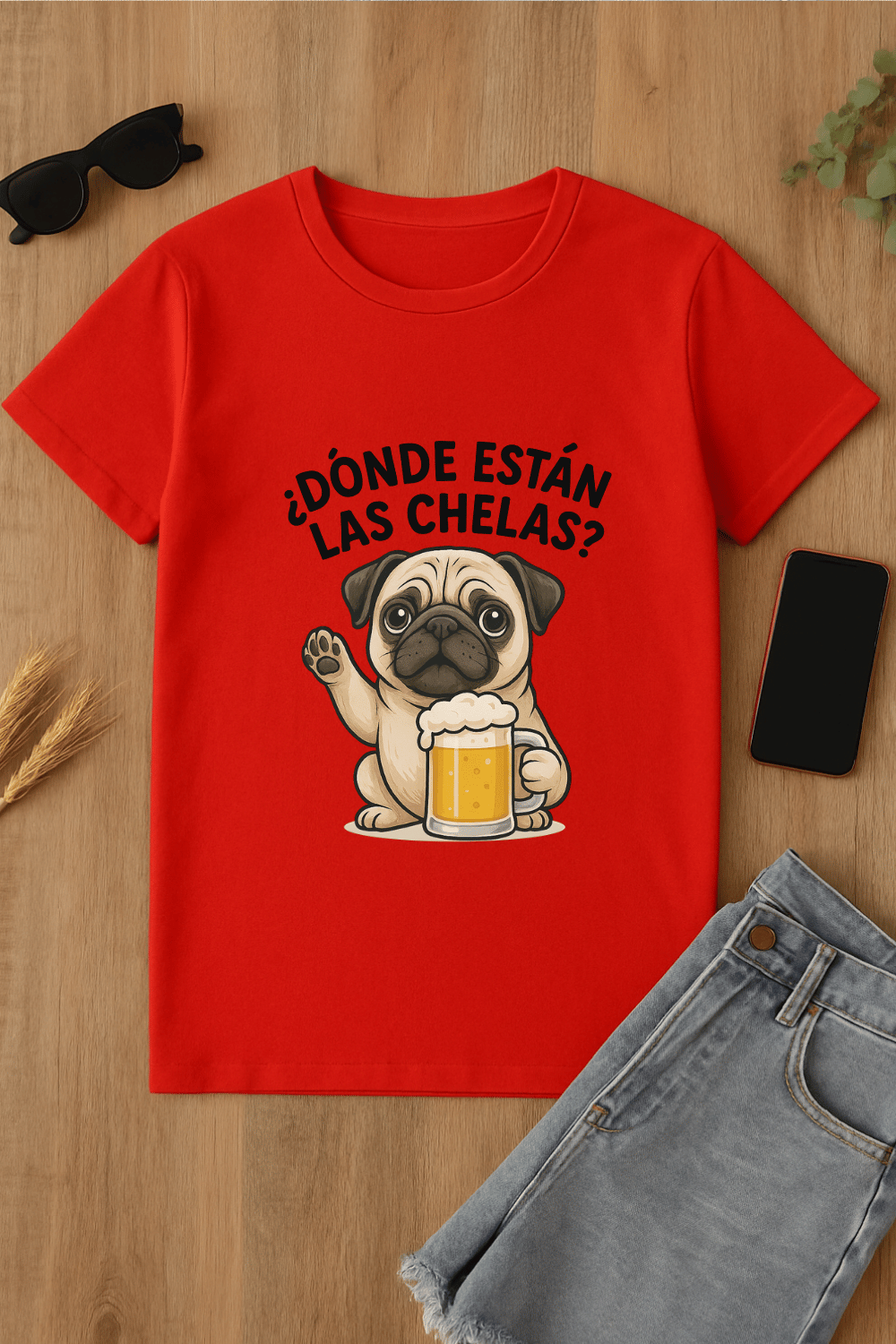 Camiseta roja con estampado de perro y cerveza