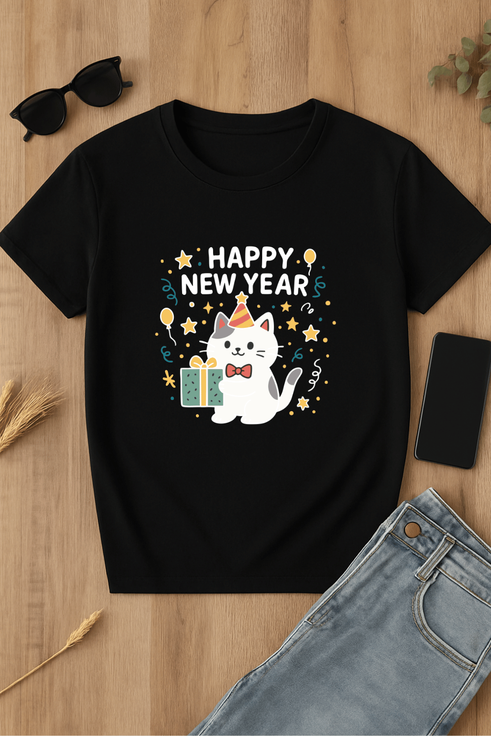Camiseta de Año Nuevo con gato