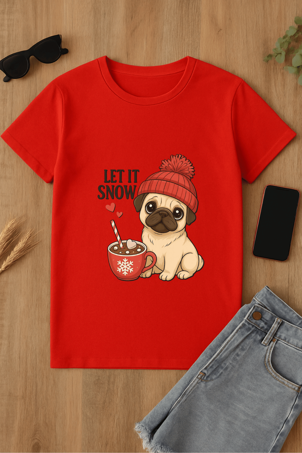Camiseta roja con estampado de pug