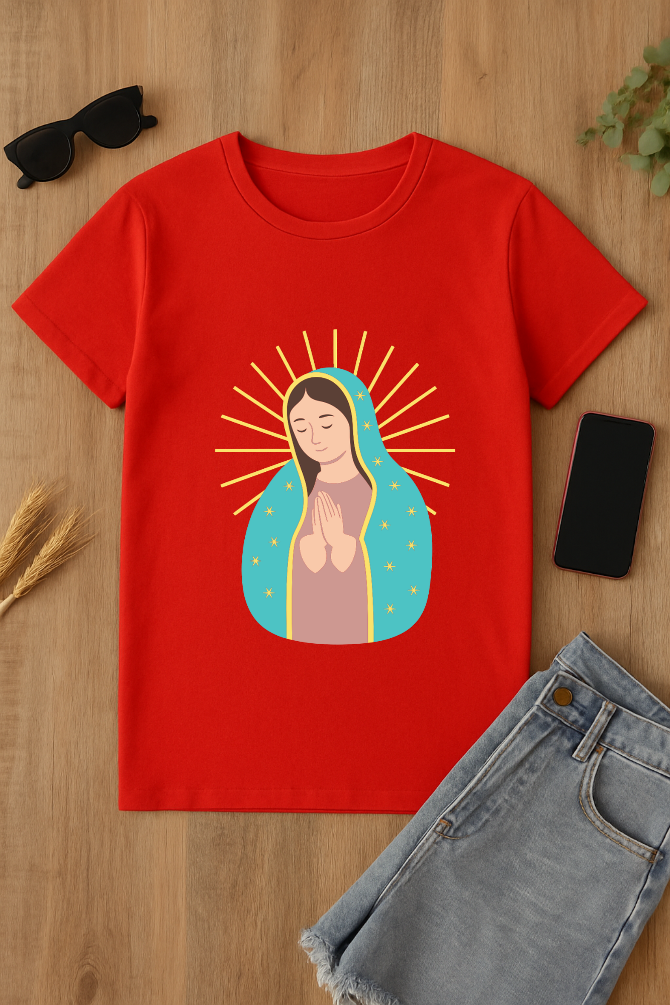 Camiseta roja con imagen religiosa