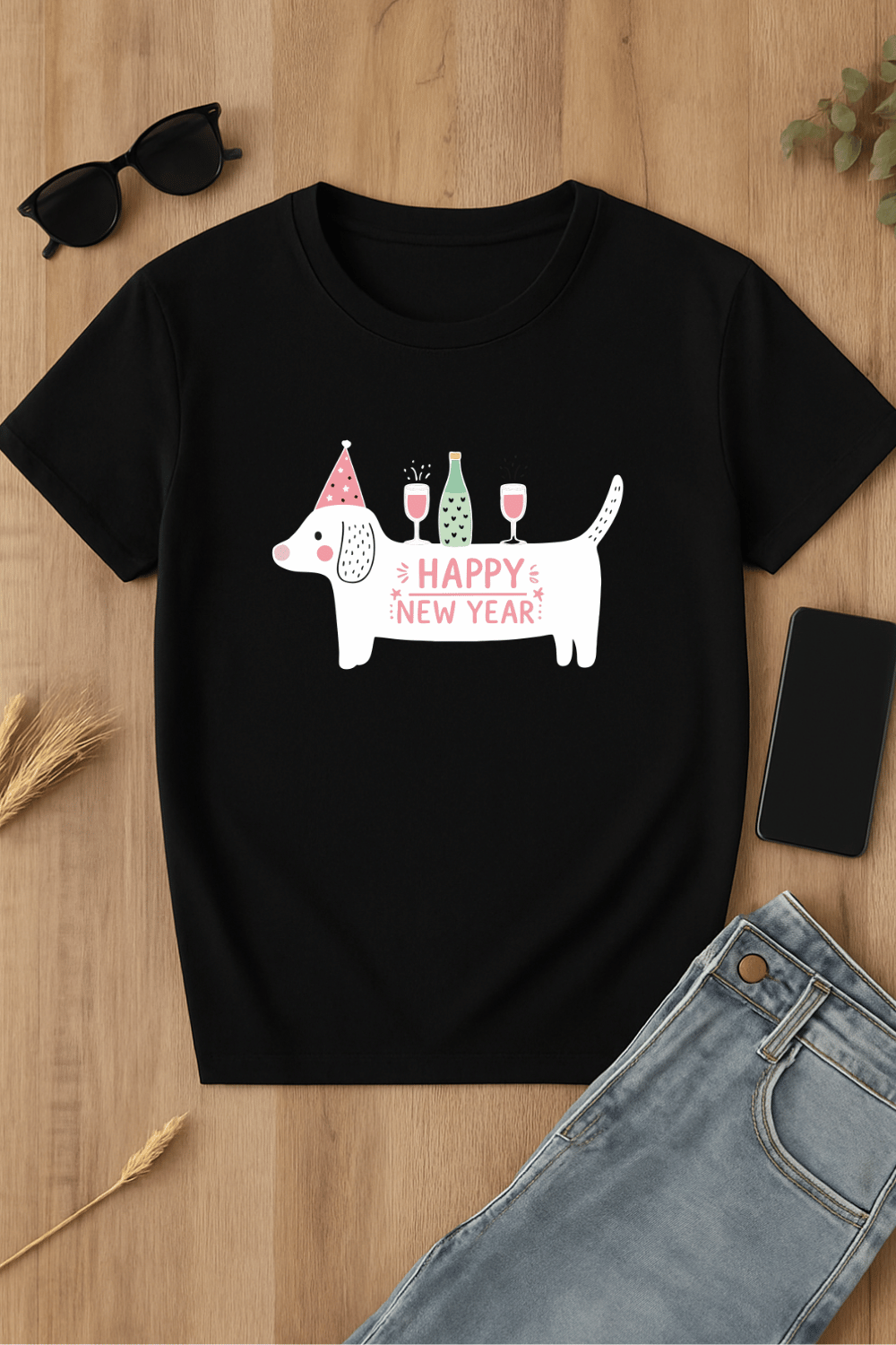 Camiseta negra con diseño de perro festivo
