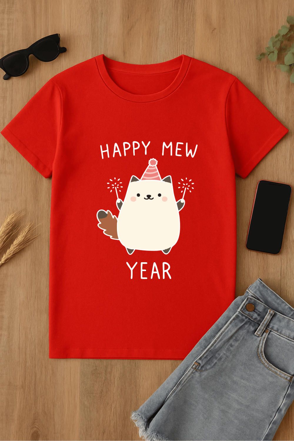 Camiseta roja 'Happy Mew Year'