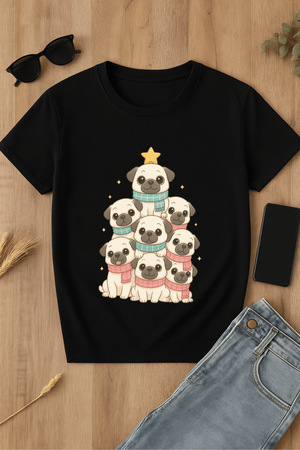 Camiseta negra con diseño de carlinos
