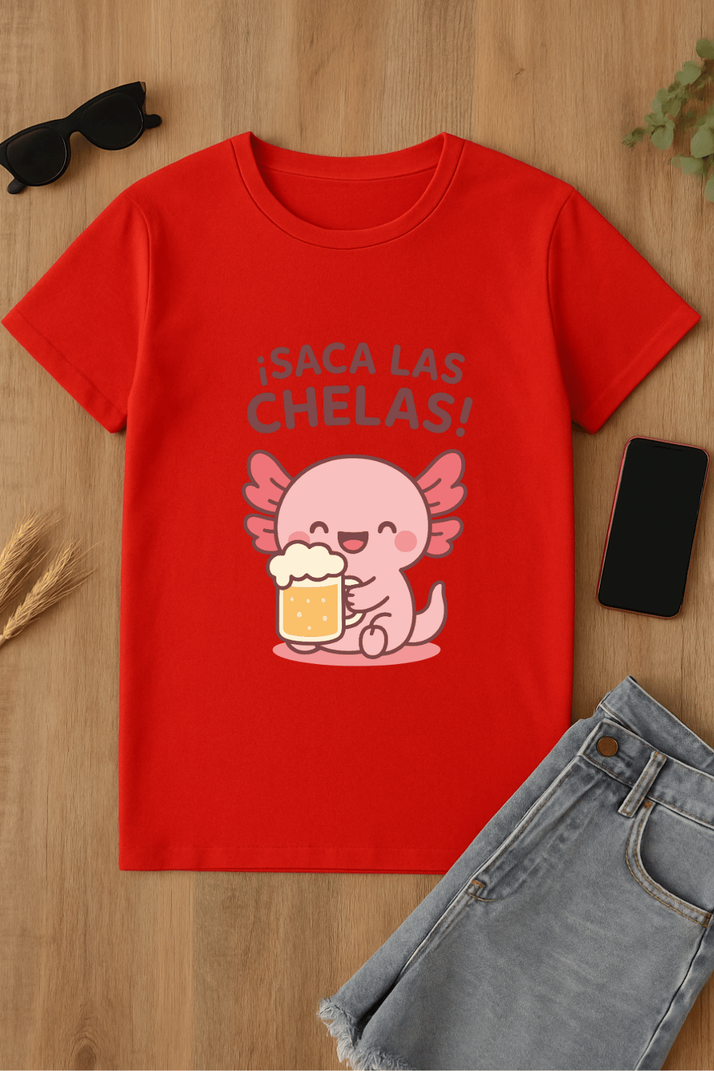 Camiseta roja con axolote y cerveza