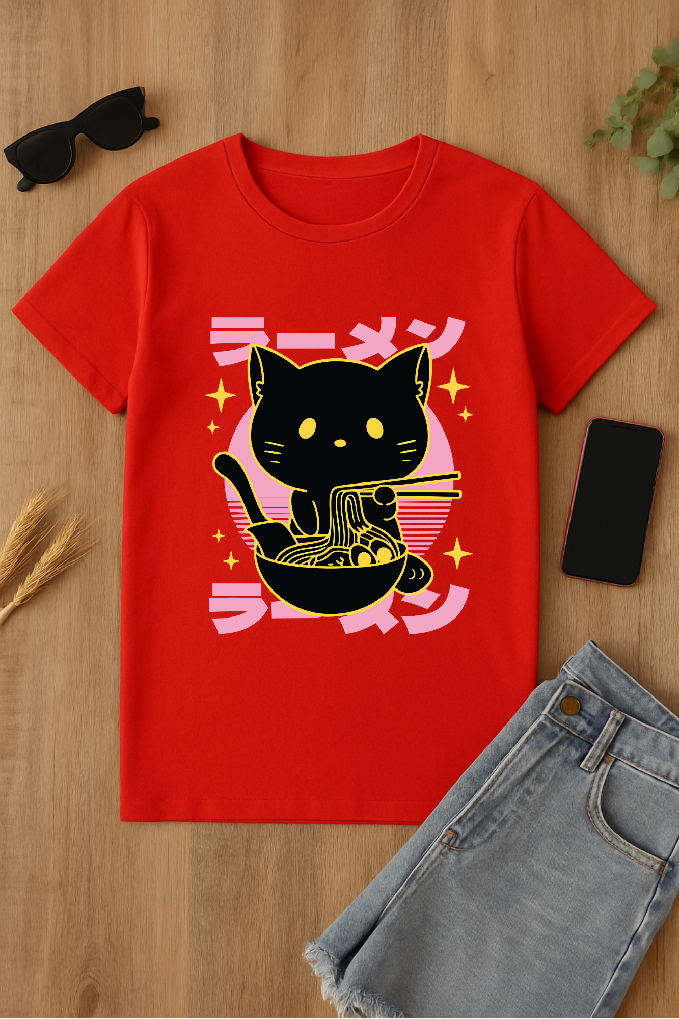 Camiseta roja con gato y ramen