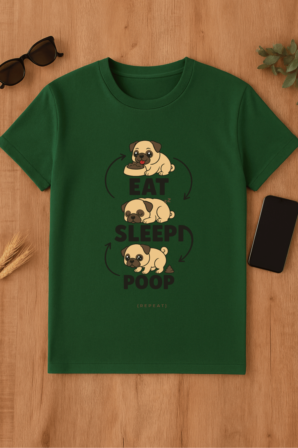 Camiseta verde con dibujo de pug