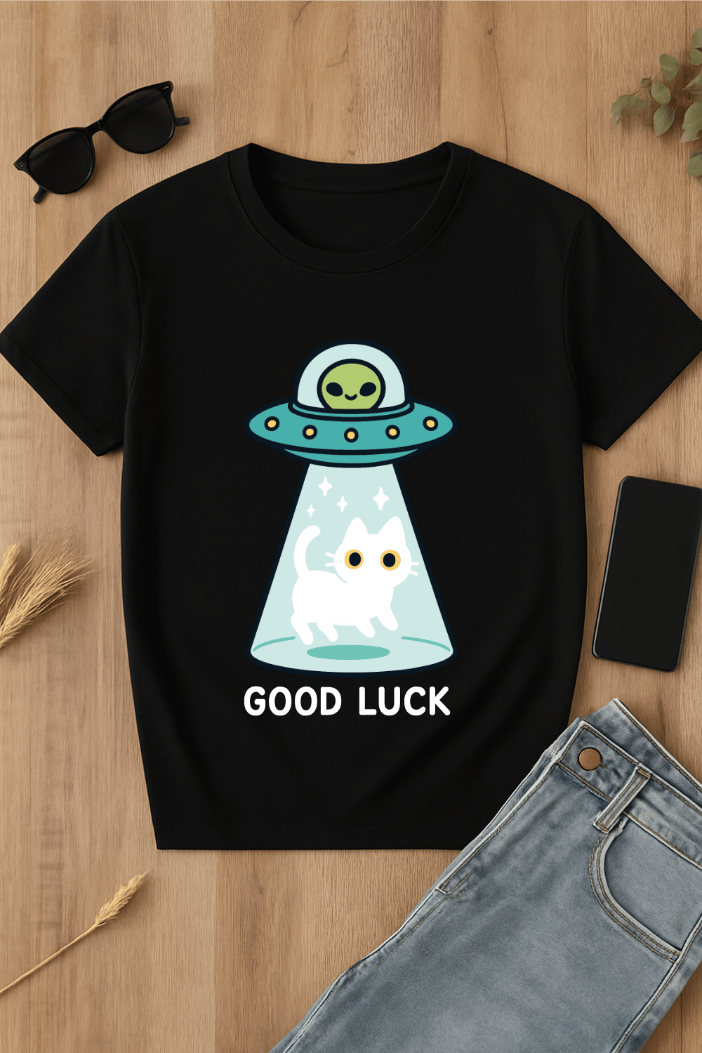 Camiseta negra con estampado de ovni y gato