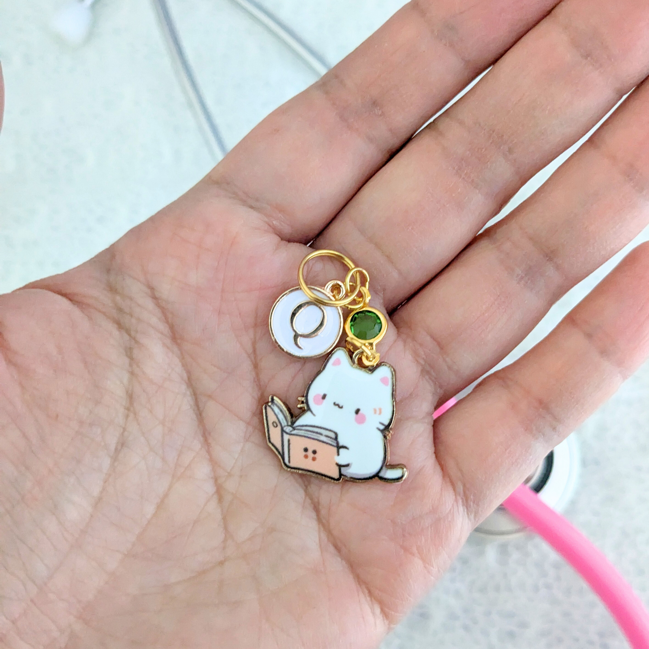 White Cat Book Lover Stethoscope Charm