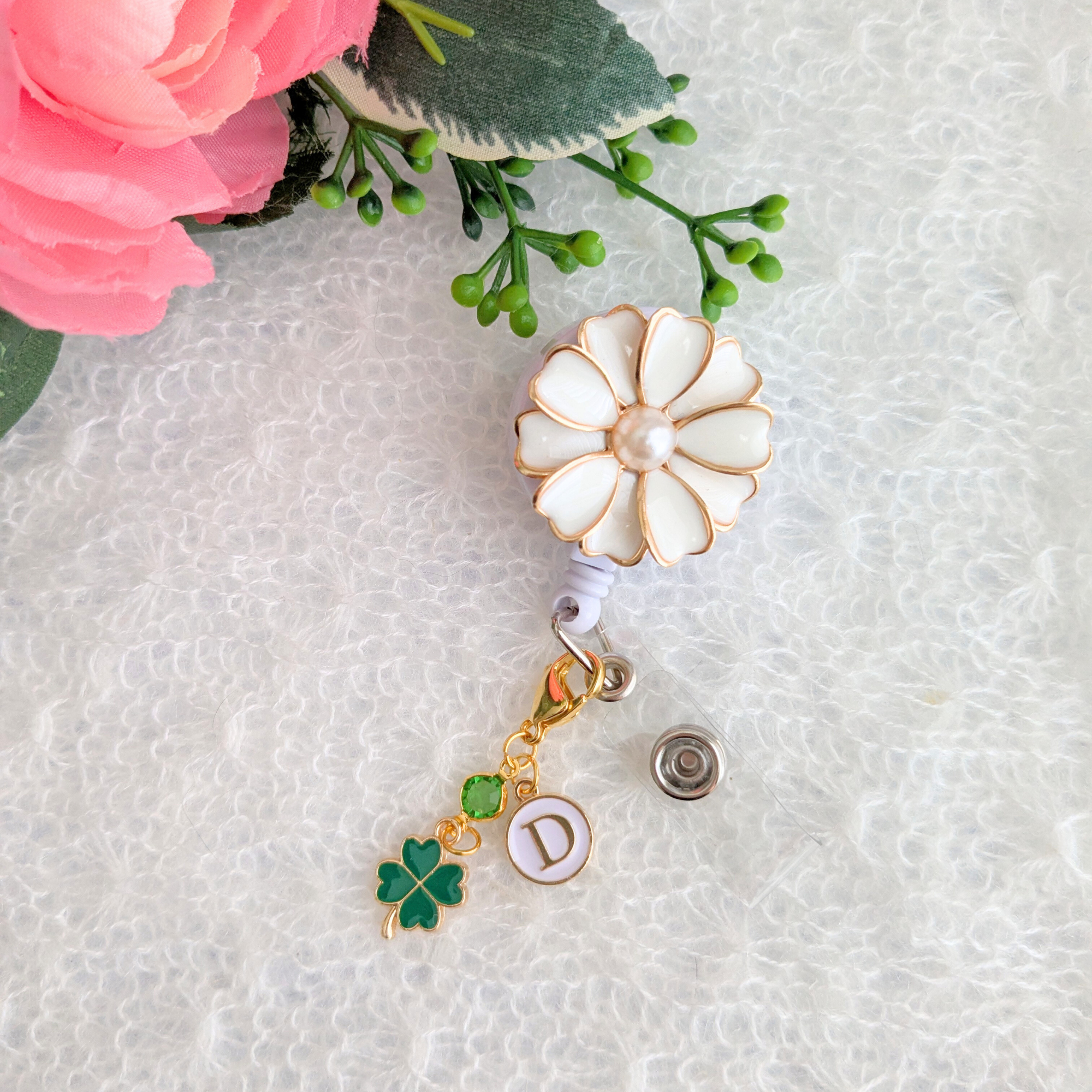 White Floral Badge Reel With Swivel Alligator Clip