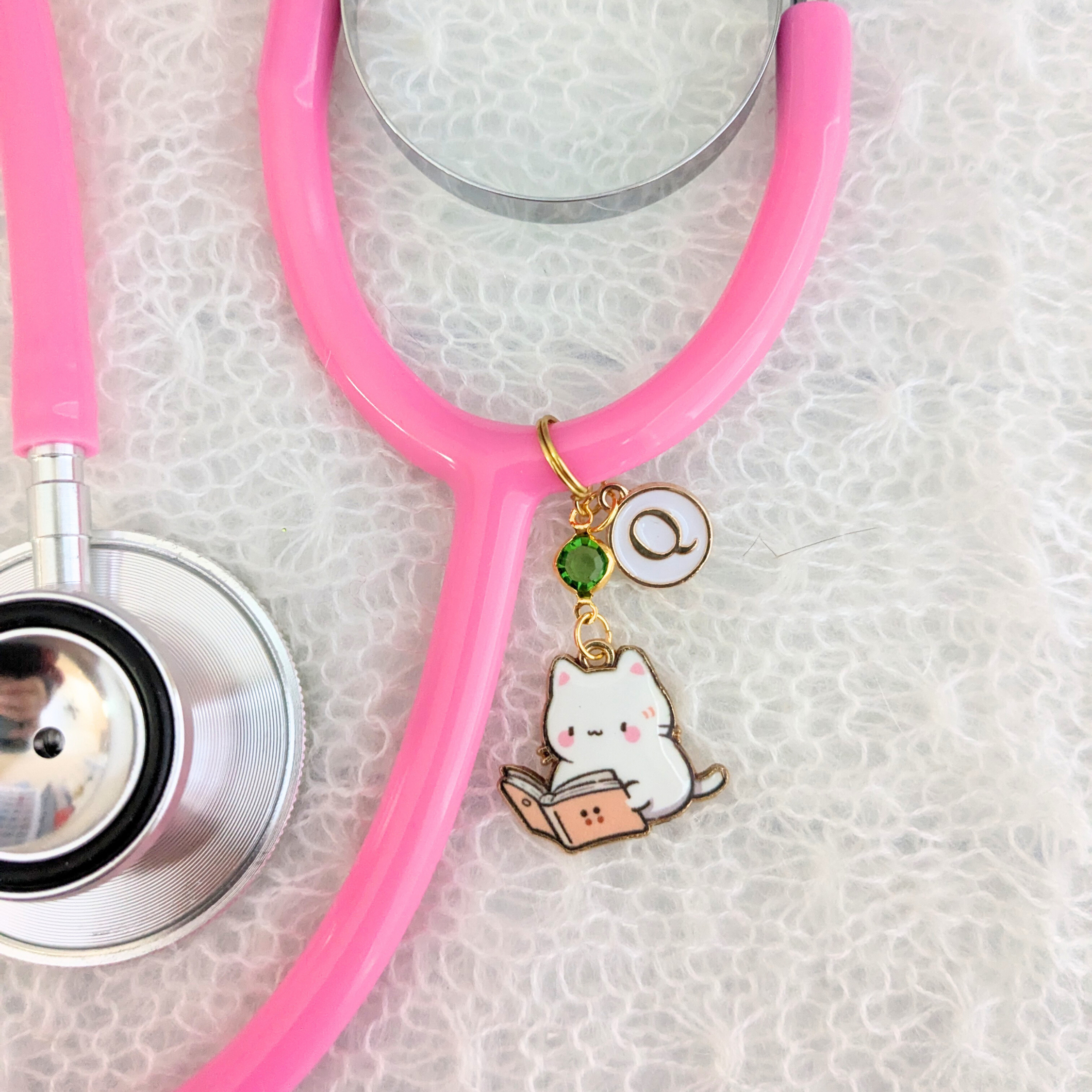 White Cat Book Lover Stethoscope Charm