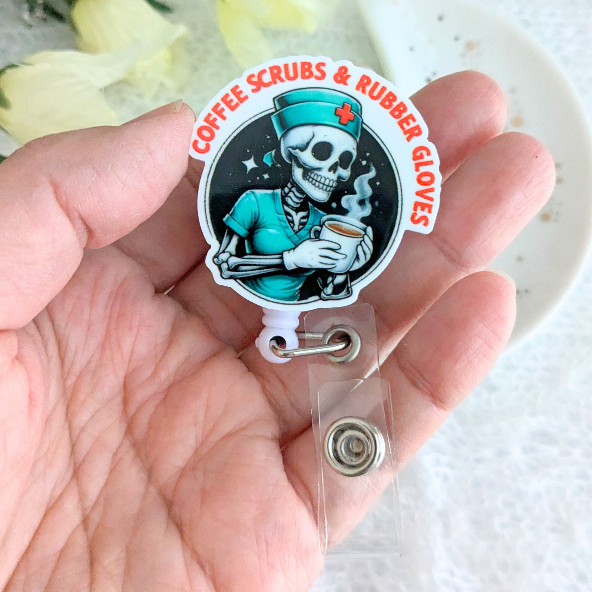 Coffee Scrubs And Rubber Gloves Badge Reel With Swivel Alligator Clip