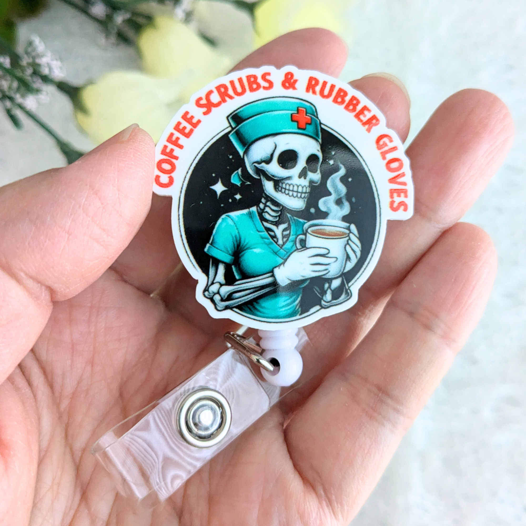 Coffee Scrubs And Rubber Gloves Badge Reel With Swivel Alligator Clip