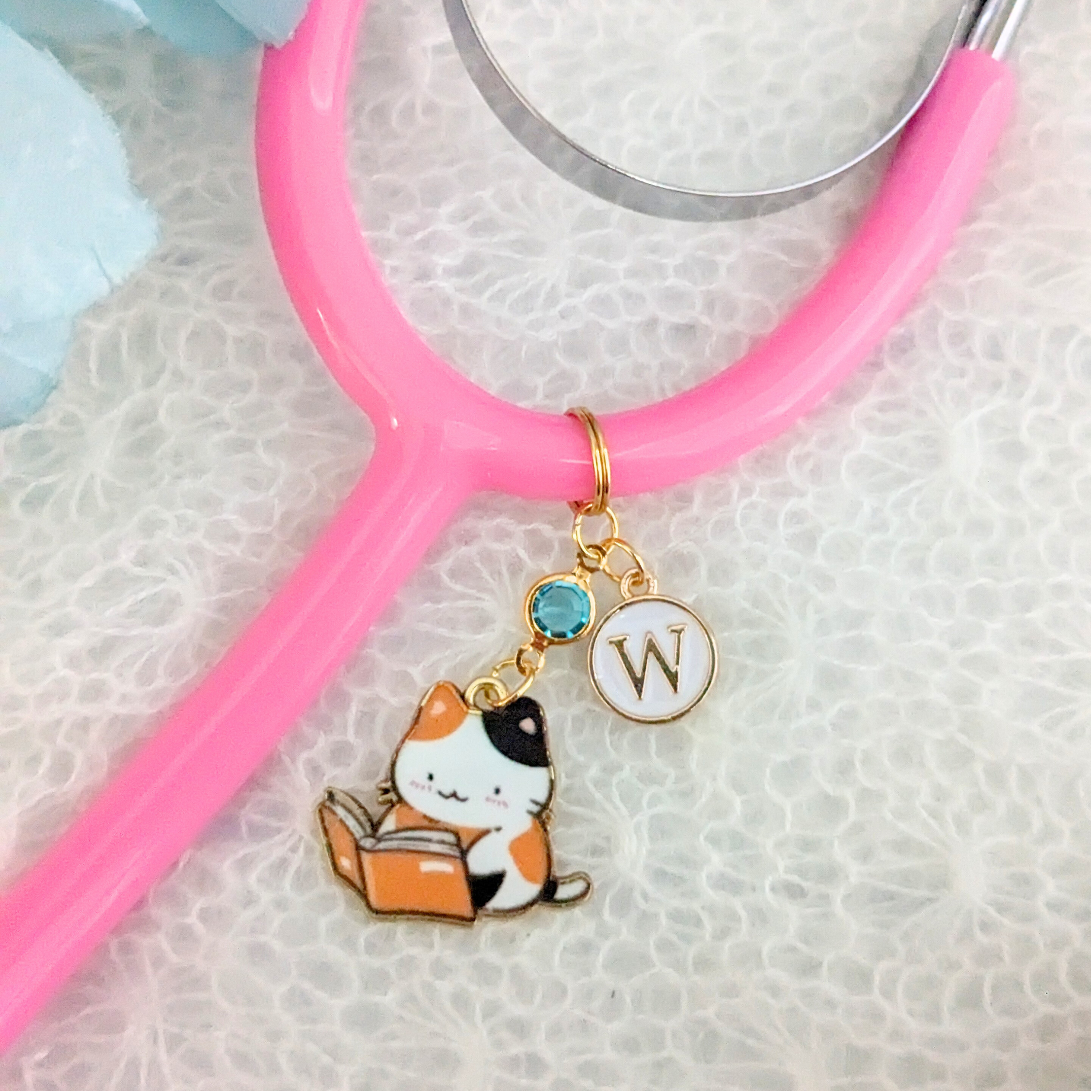 Calico Cat Book Lover Stethoscope Charm
