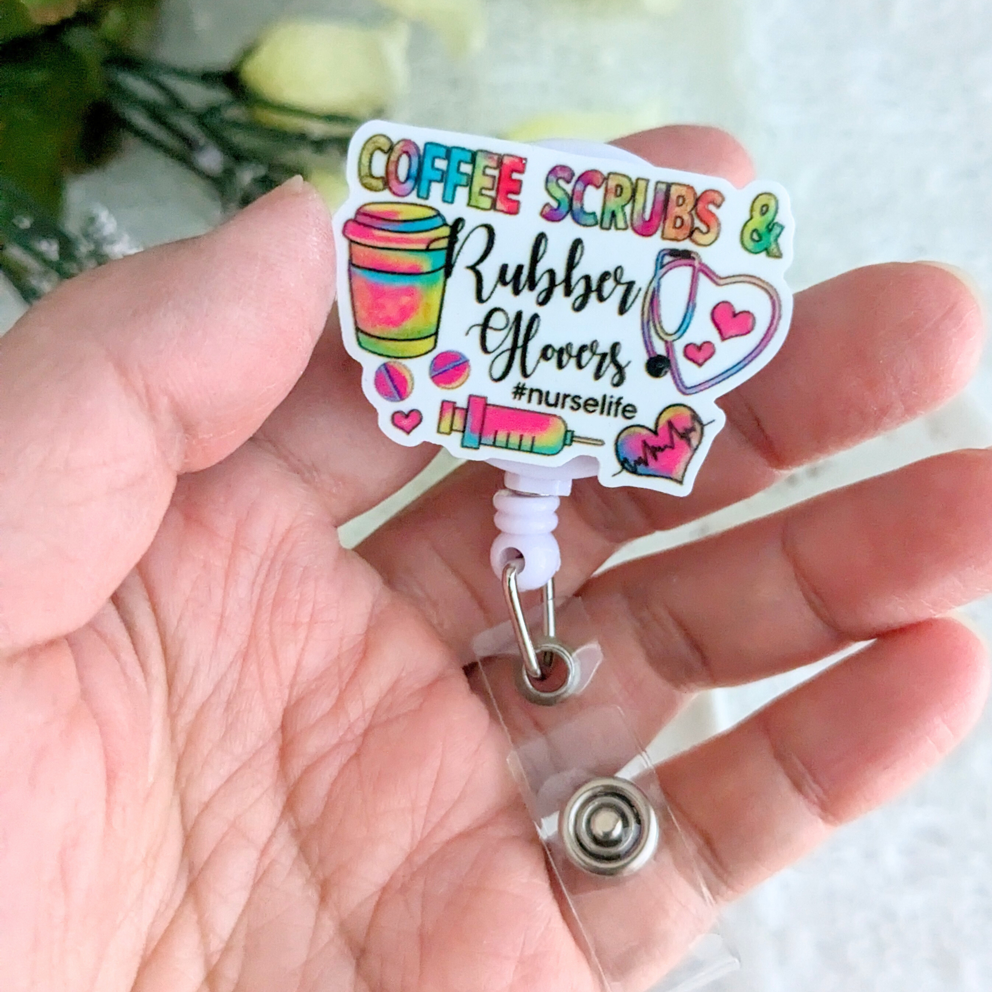 Coffee Scrubs and Rubber Gloves Badge Reel With Swivel Alligator Clip