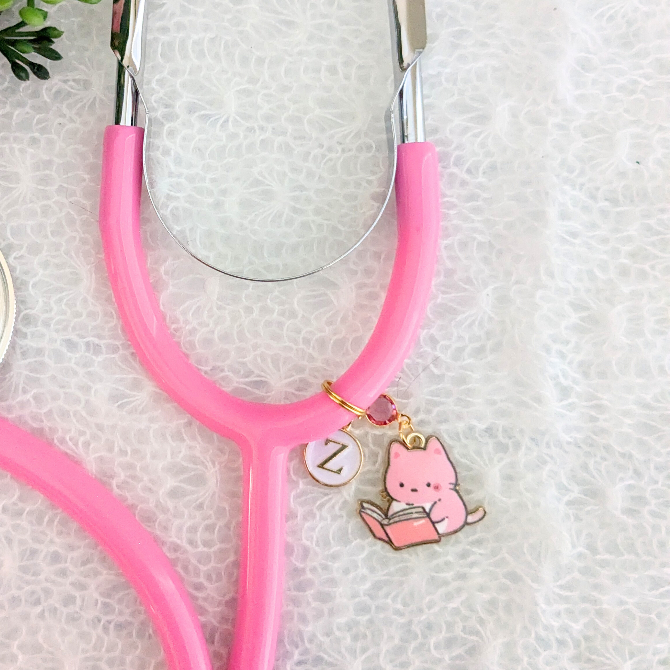 Pink Cat Book Lover Stethoscope Charm