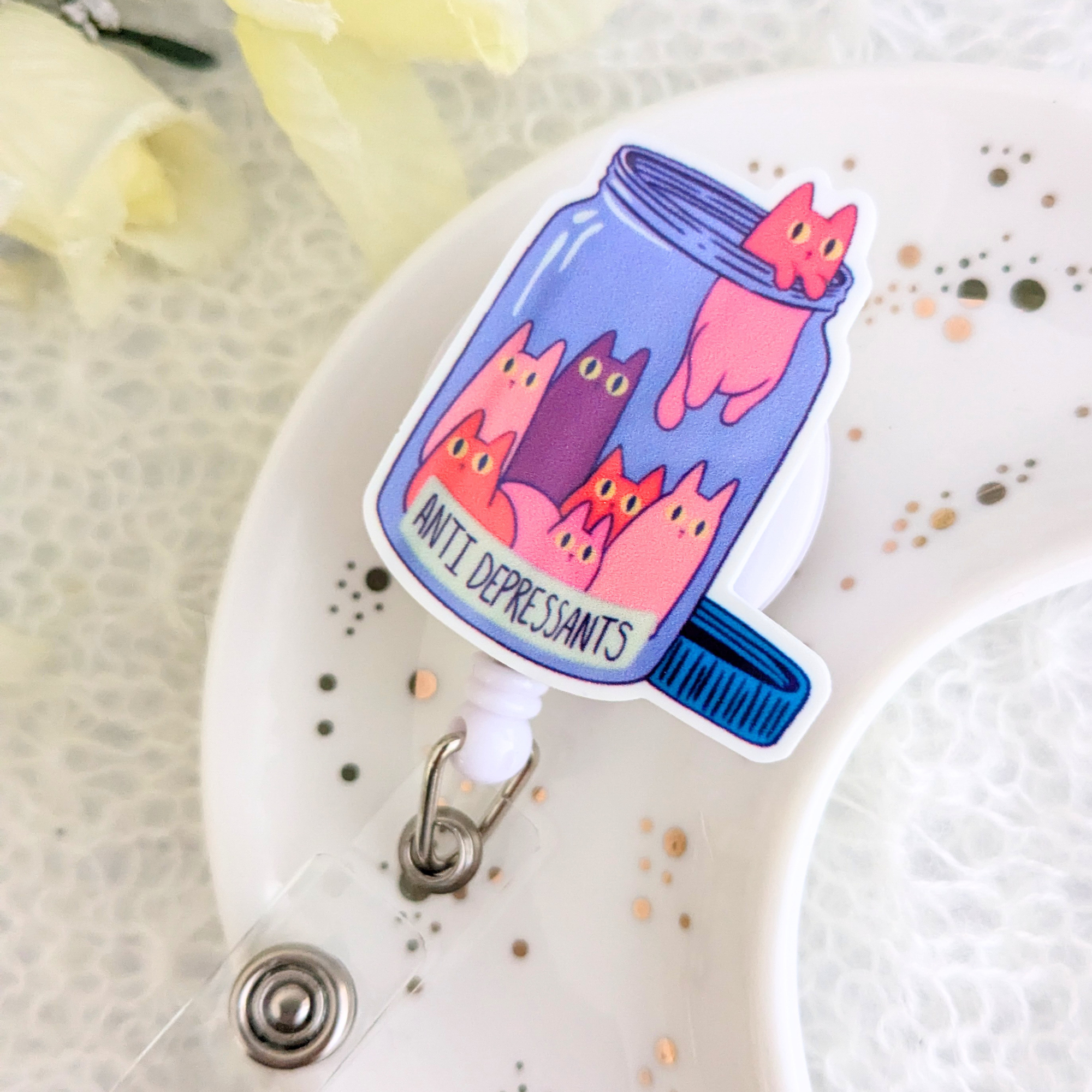 Anti Depressants Badge Reel With Swivel Alligator Clip