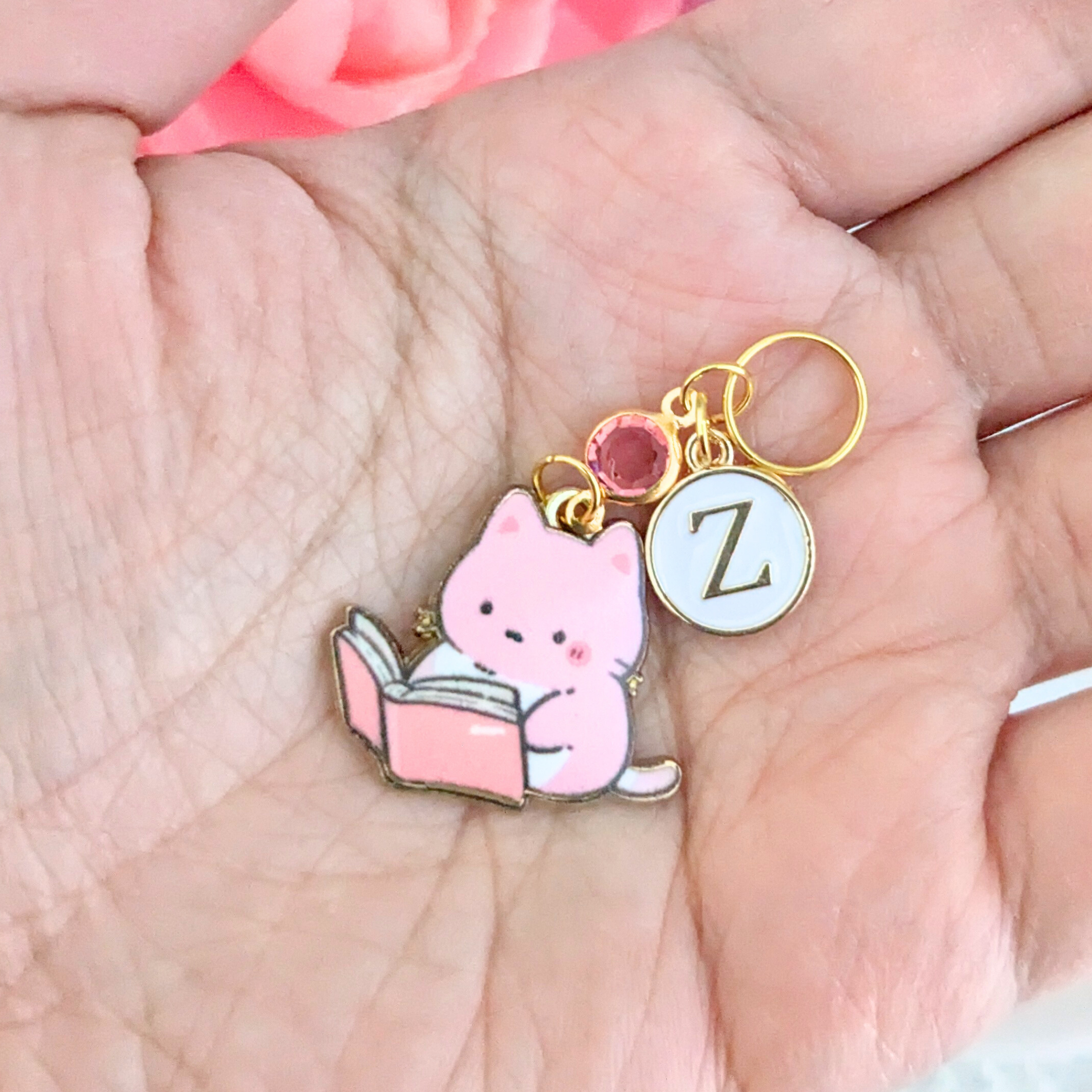 Pink Cat Book Lover Stethoscope Charm