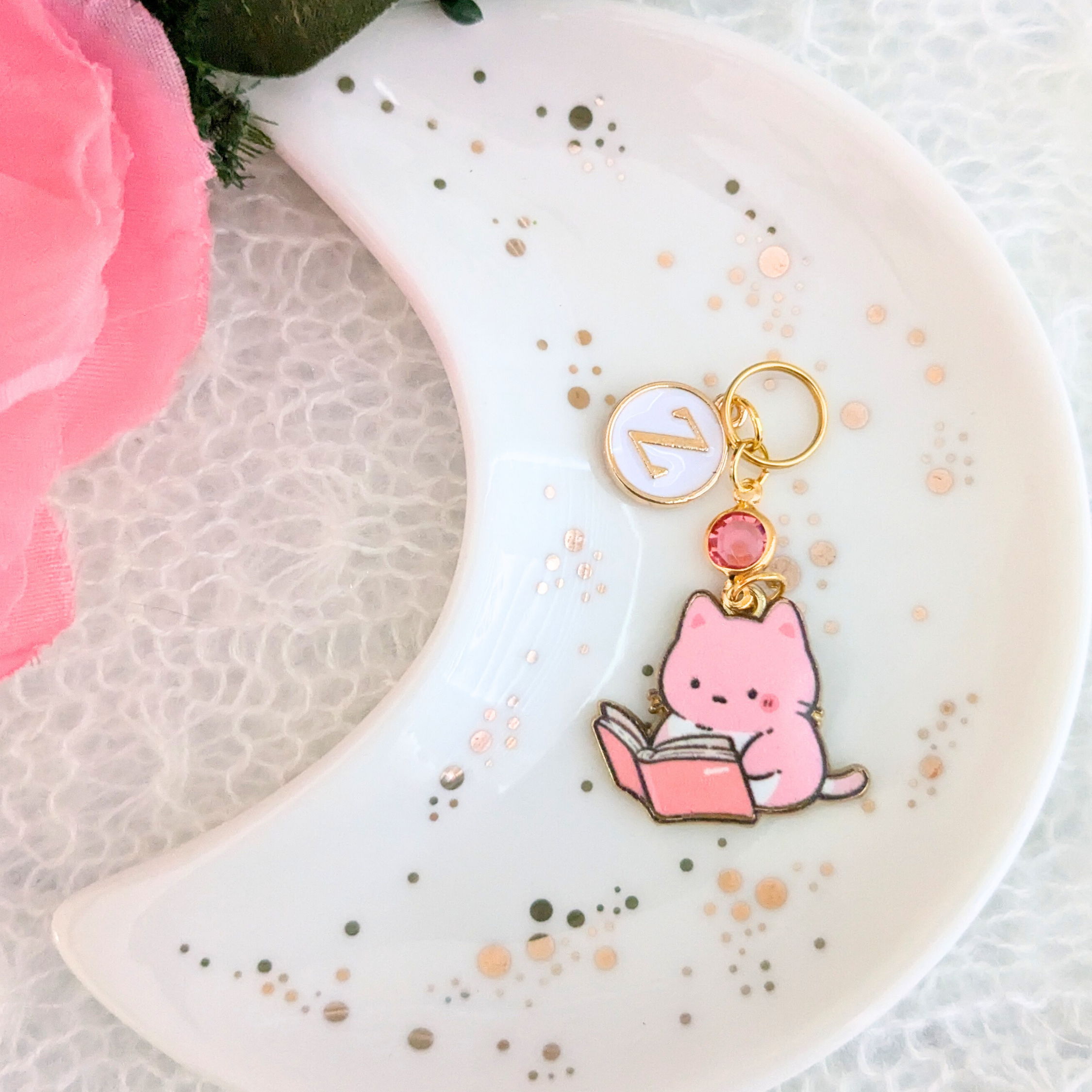 Pink Cat Book Lover Stethoscope Charm