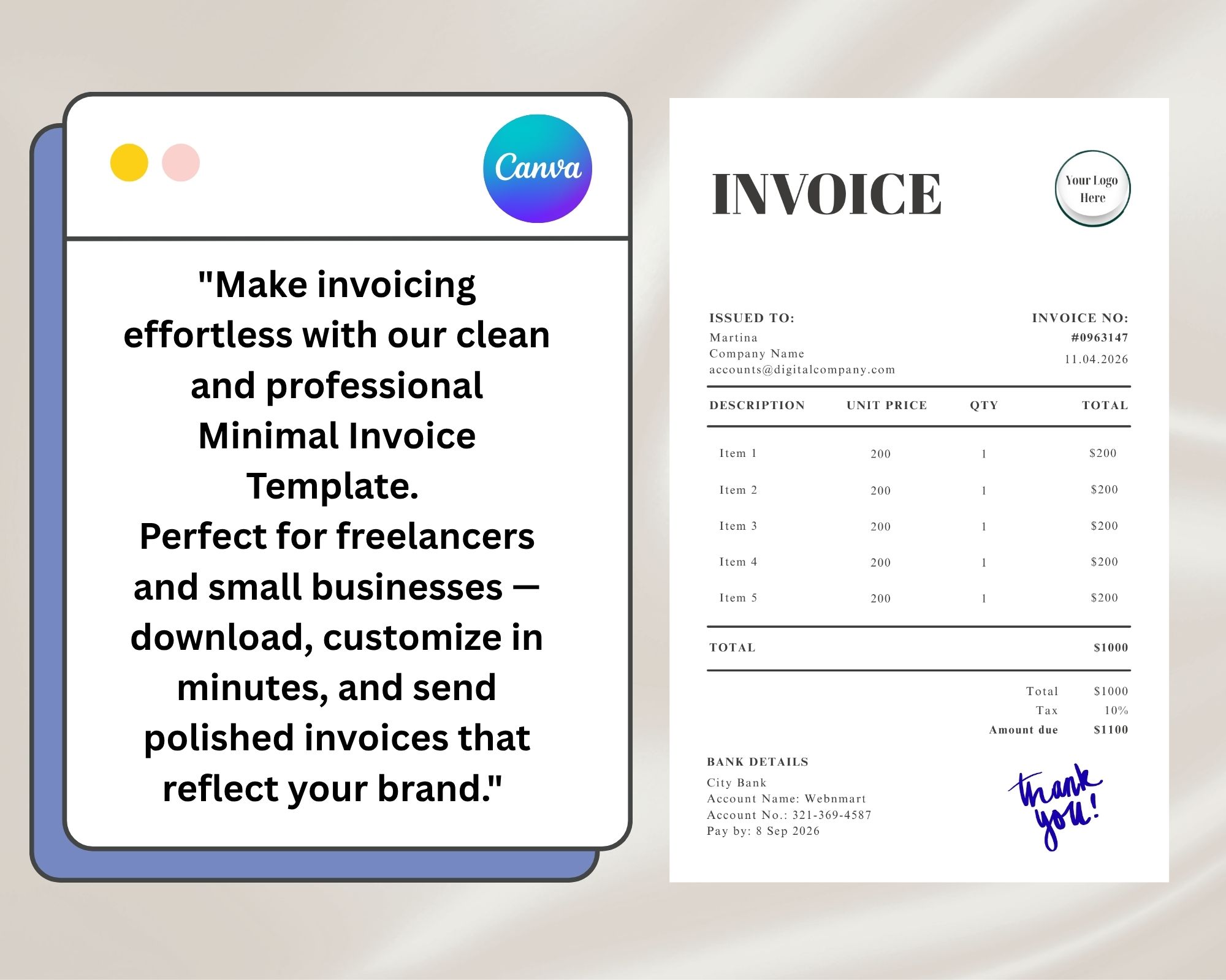 Create professional invoices effortlessly with this easy-to-use, editable template in Canva