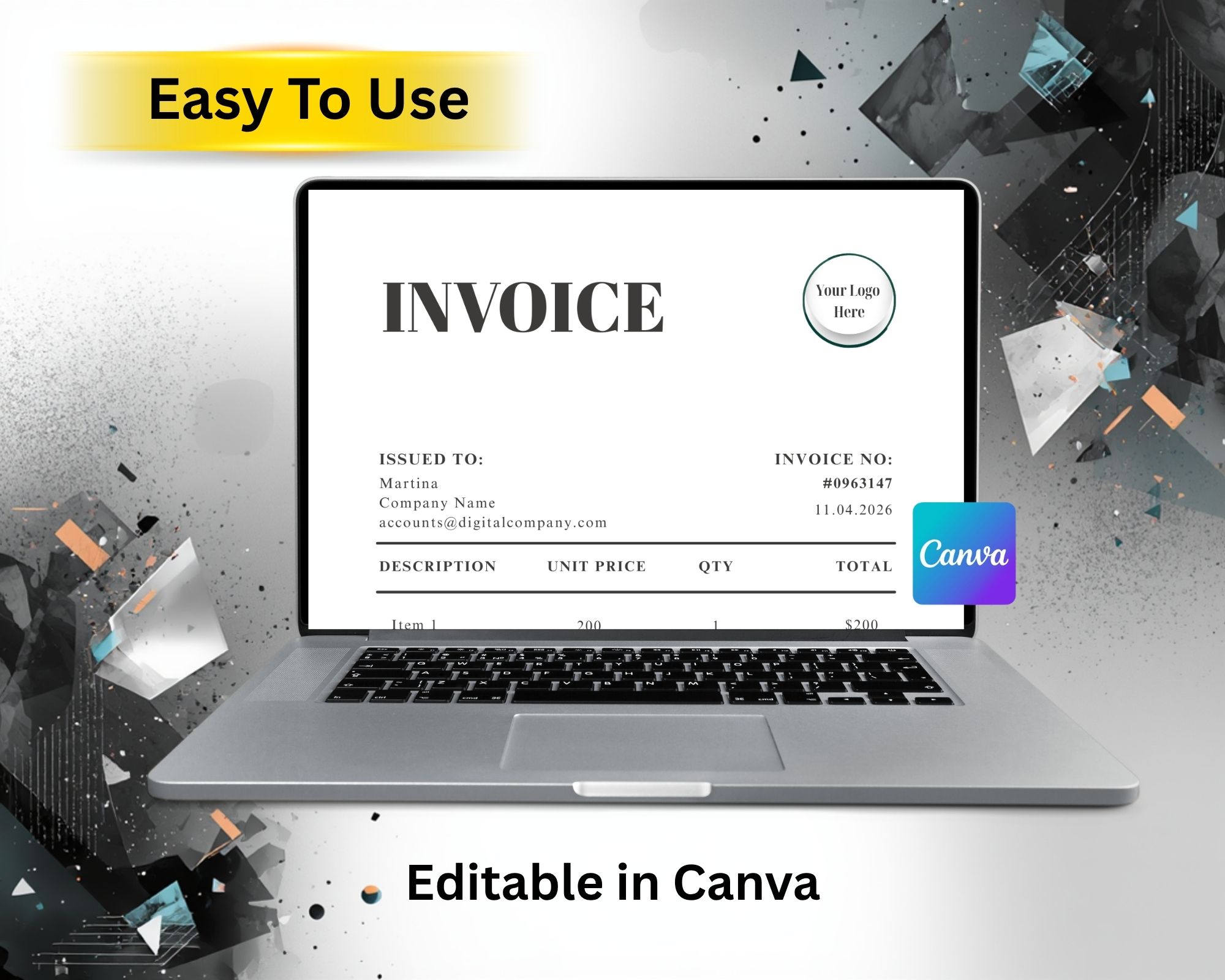 Create professional invoices effortlessly with this easy-to-use, editable template in Canva