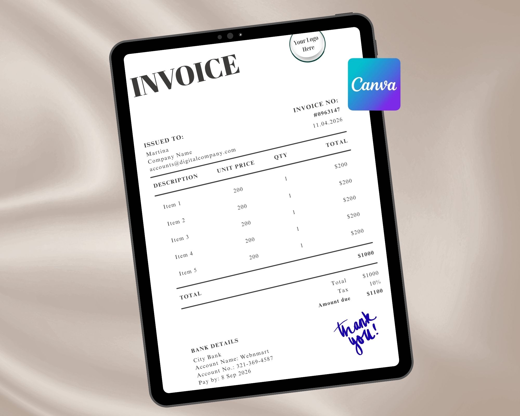 Create professional invoices effortlessly with this easy-to-use, editable template in Canva