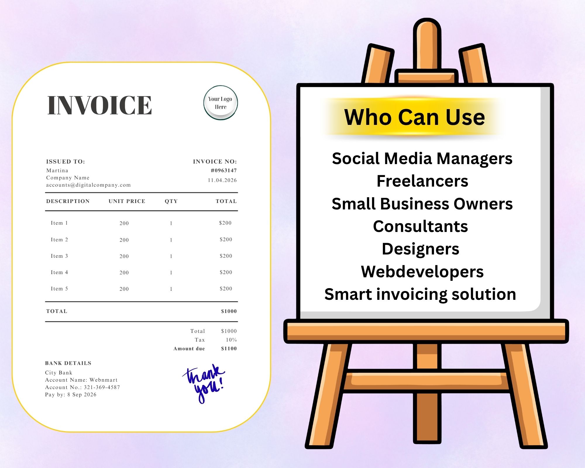 Create professional invoices effortlessly with this easy-to-use, editable template in Canva