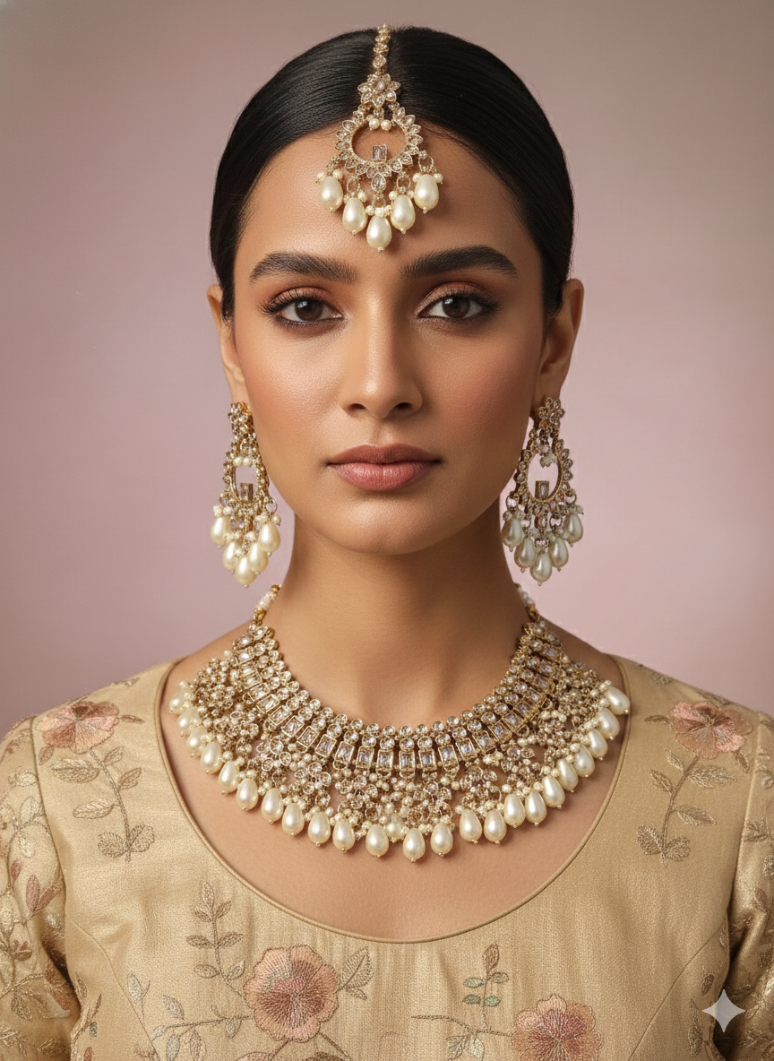 Bridal Reverce Stone with Perls Jewelry Set