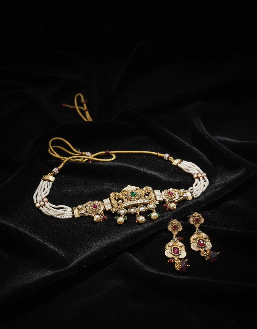 Traditional Pearl and Polki Necklace Set