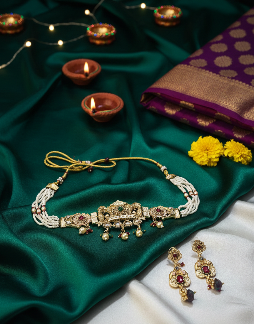 Traditional Pearl and Polki Necklace Set