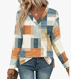 Geometric Pattern V-Neck Long Sleeve Blouse