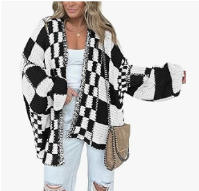 Black and White Checkered Knit Cardigan