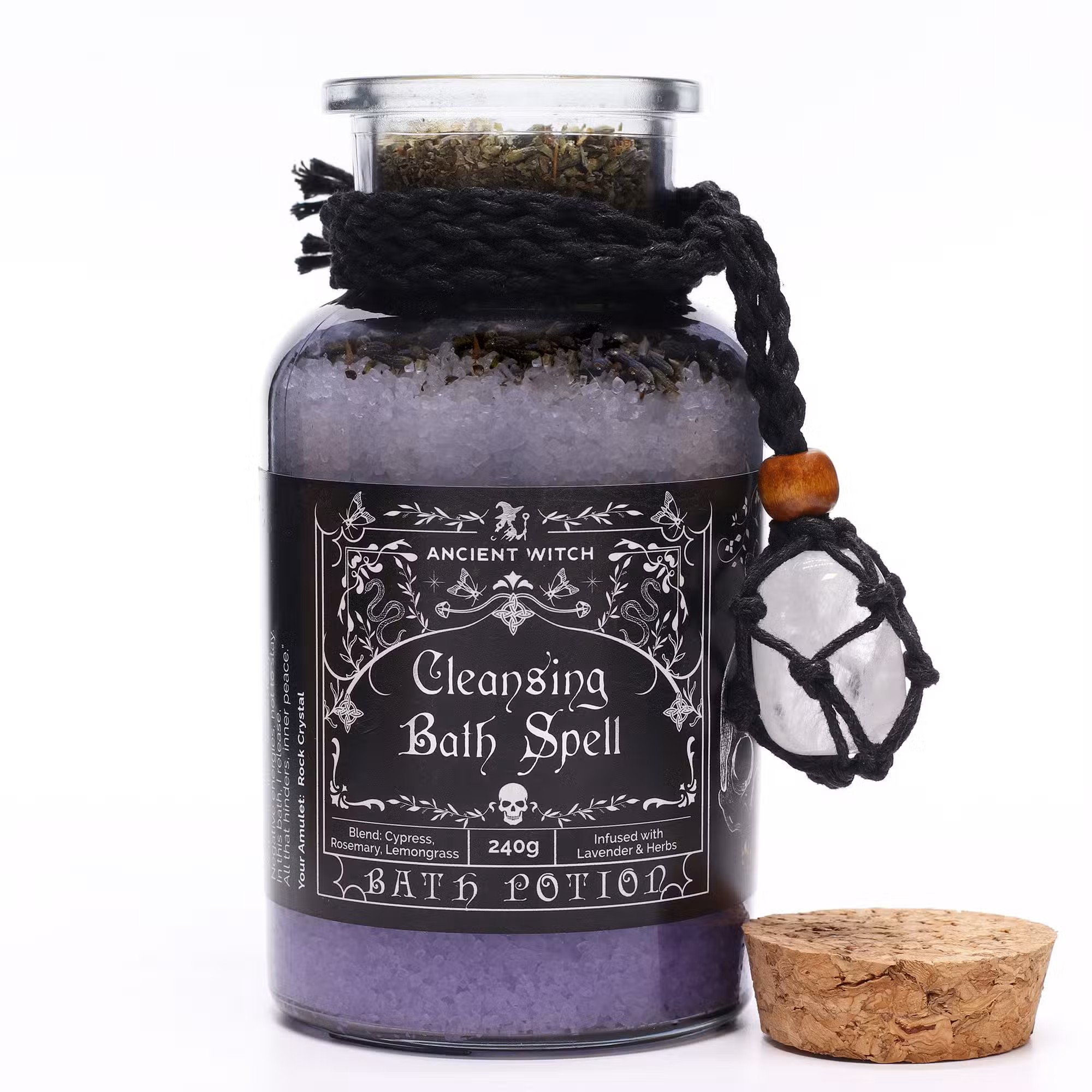 Ancient Witch Bath Spell Potion & Rock Crystal Amulet - Cleansing - Vegan - Friendly