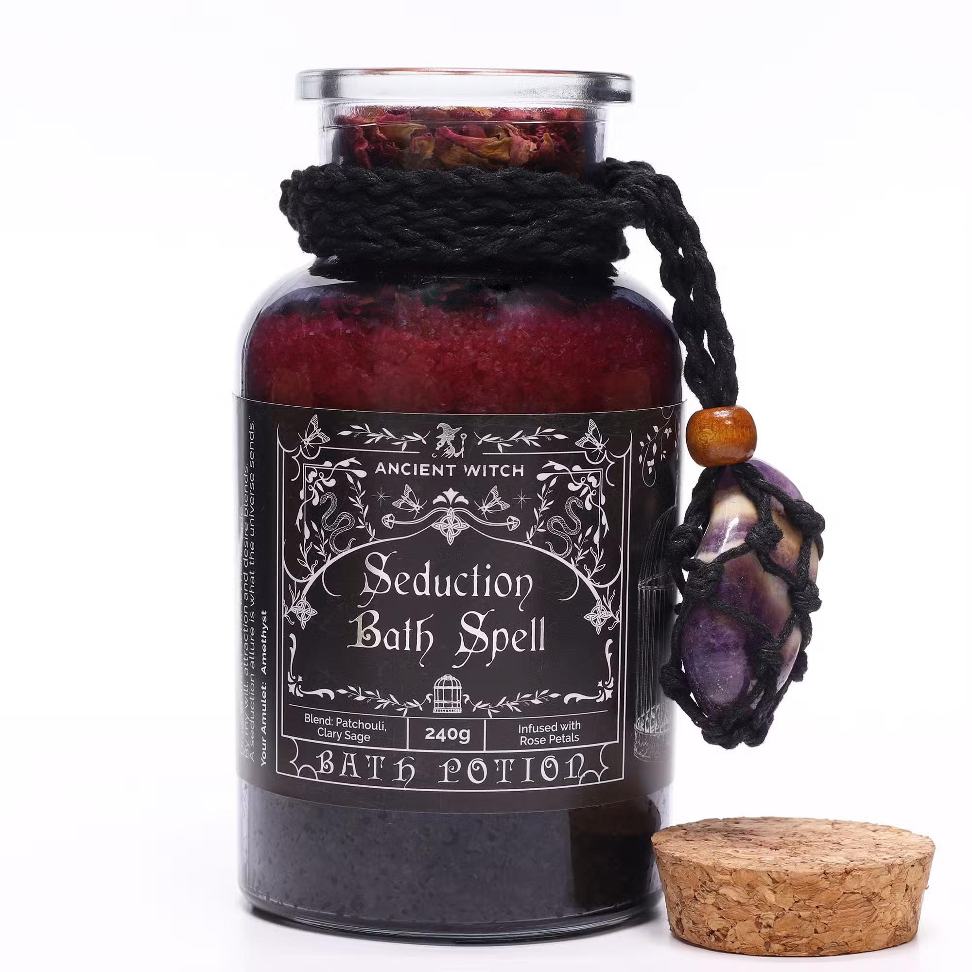 Ancient Witch Bath Spell Potion & Amethyst Crystal Amulet - Seduction - Vegan - Friendly