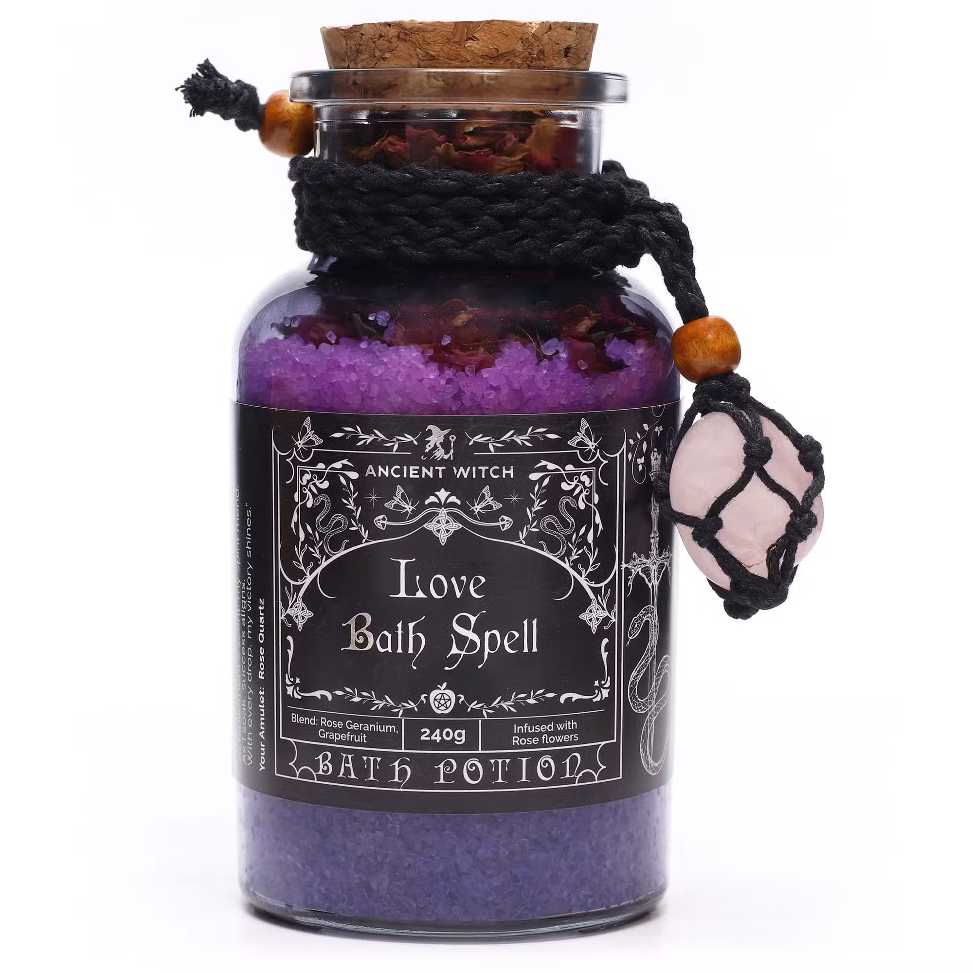 Ancient Witch Bath Spell Potion & Rose Quartz Crystal Amulet - Love - Vegan - Friendly