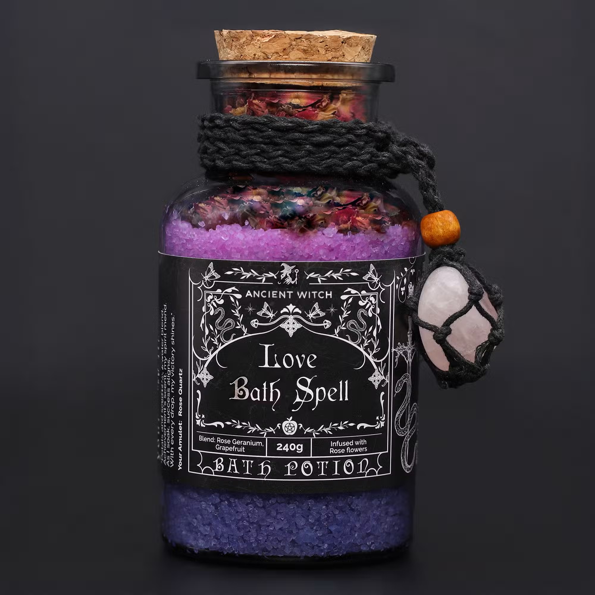 Ancient Witch Bath Spell Potion & Rose Quartz Crystal Amulet - Love - Vegan - Friendly