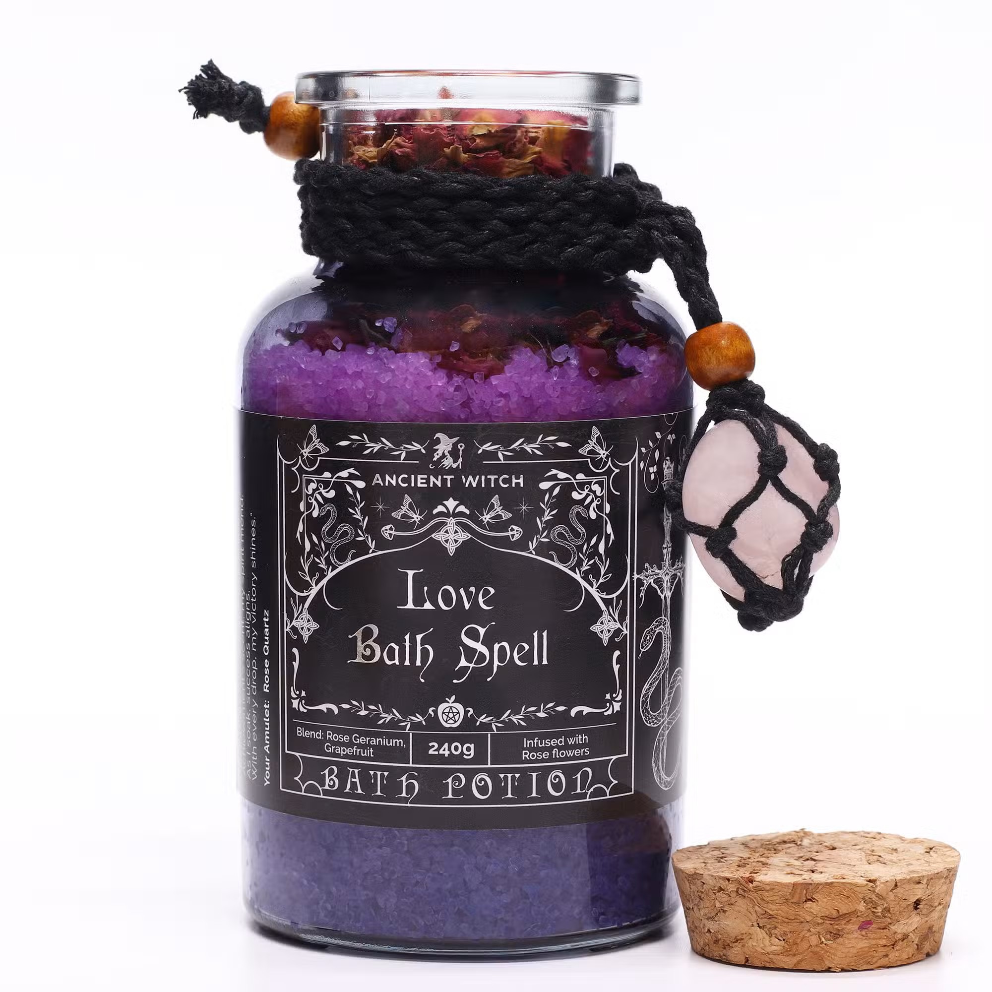 Ancient Witch Bath Spell Potion & Rose Quartz Crystal Amulet - Love - Vegan - Friendly