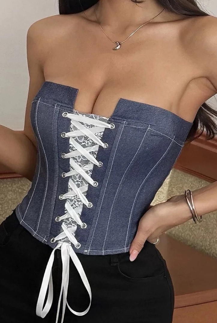 Corset bustier en Jean et dentelle avec laçage