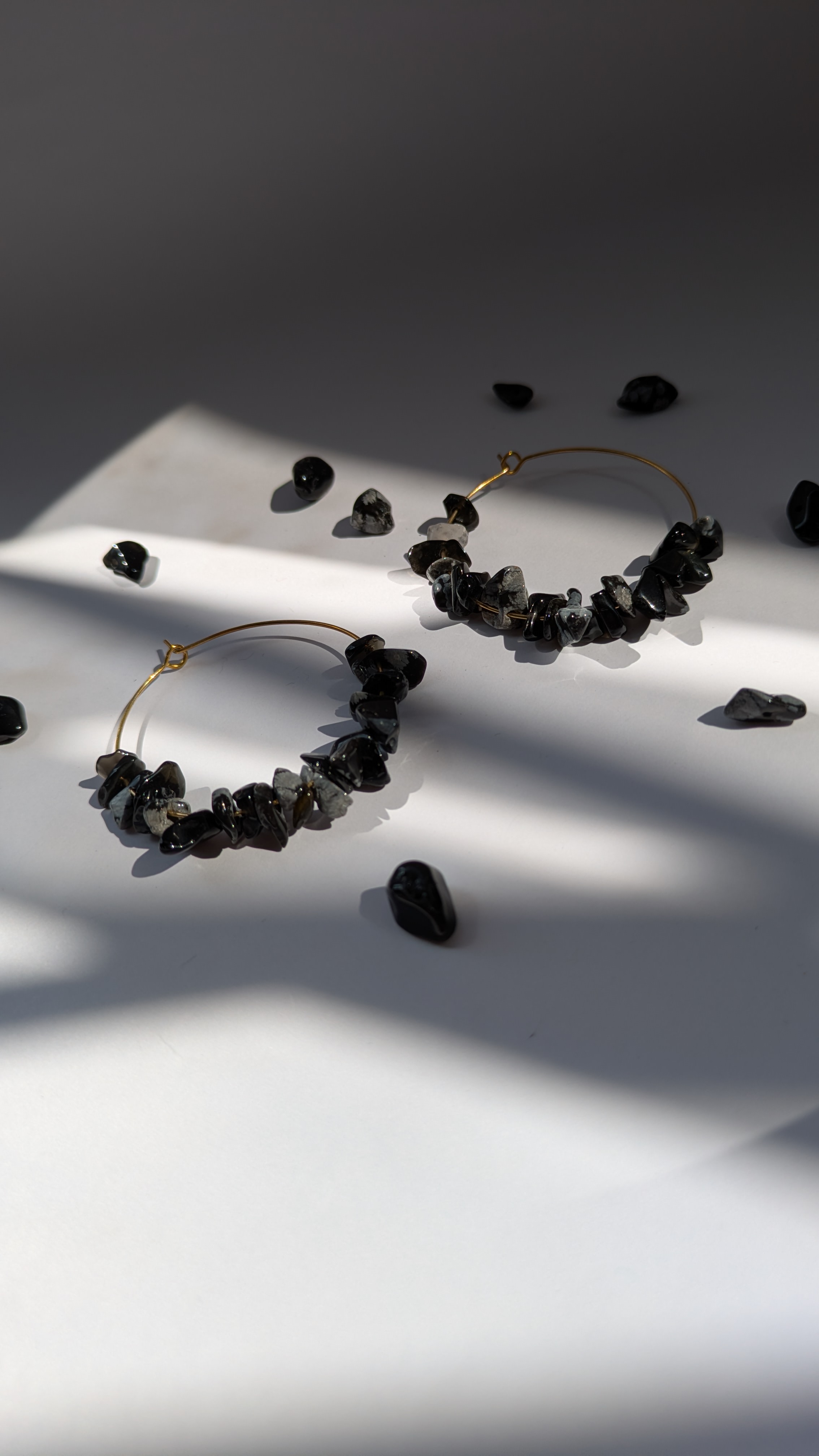 Black Stone Beaded Hoop Earrings