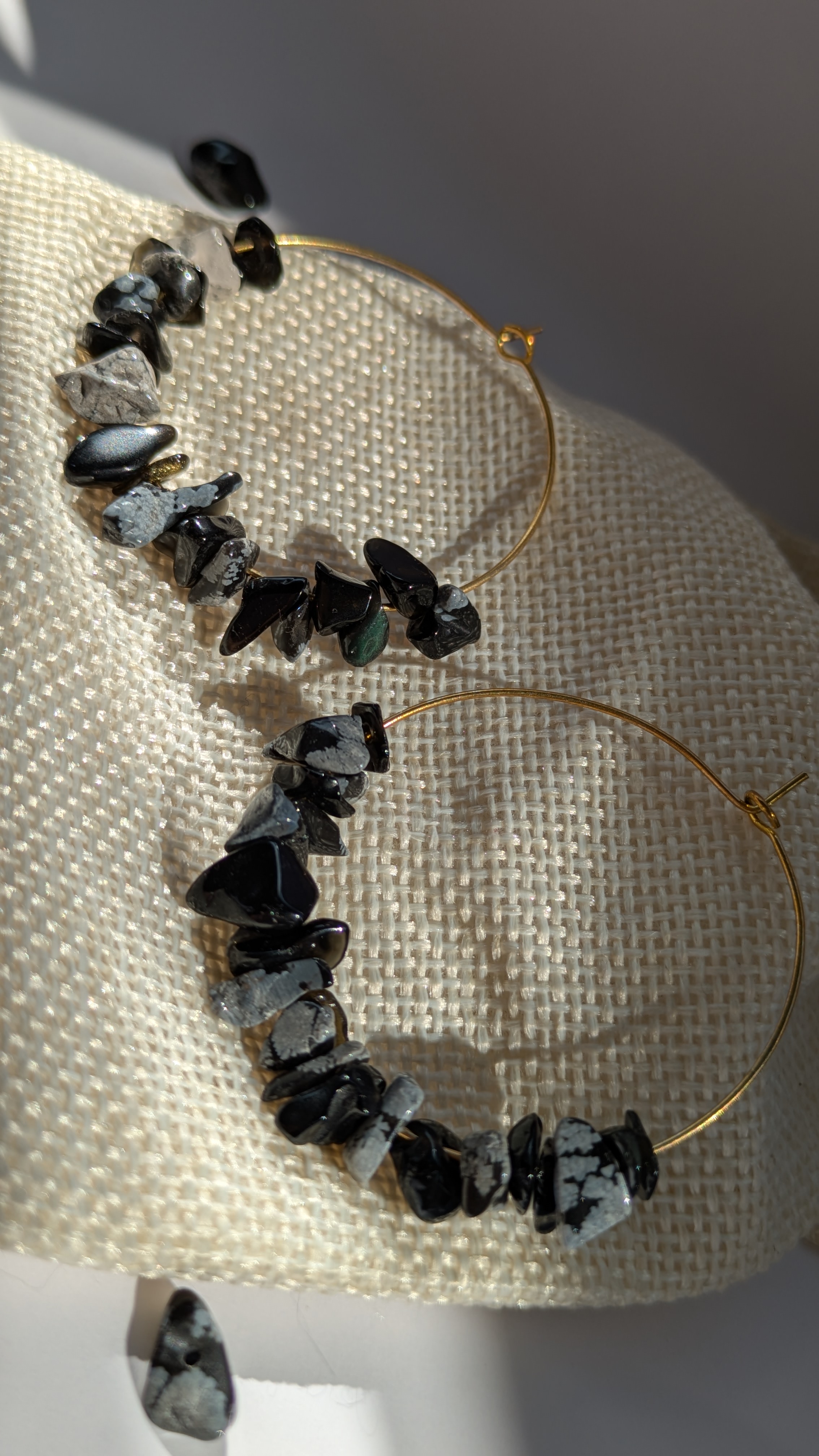 Black Stone Beaded Hoop Earrings