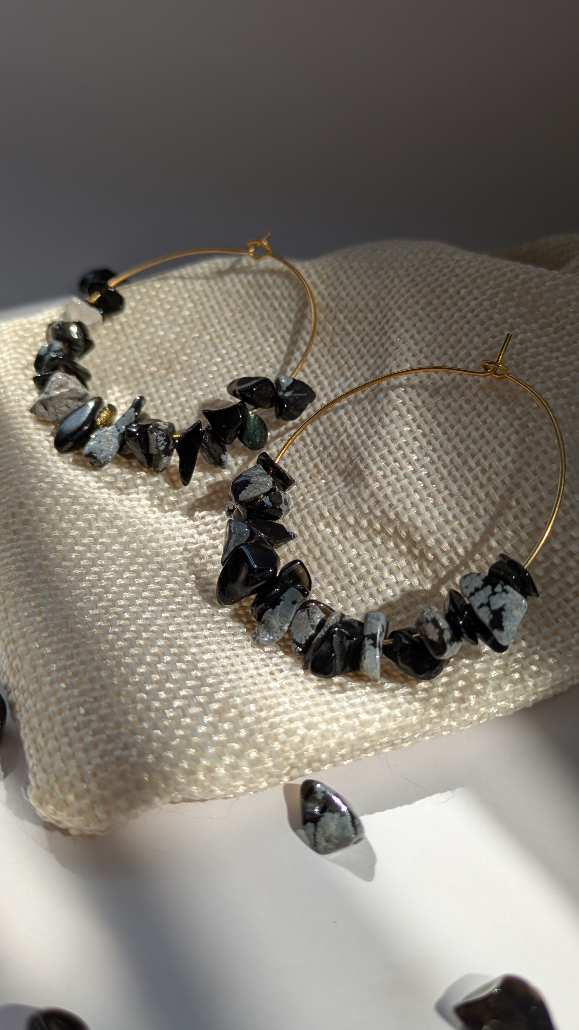 Black Stone Beaded Hoop Earrings