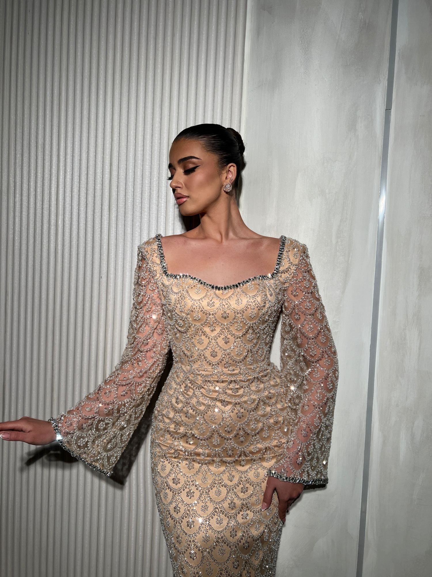 Elegant Nude Lace Evening Gown