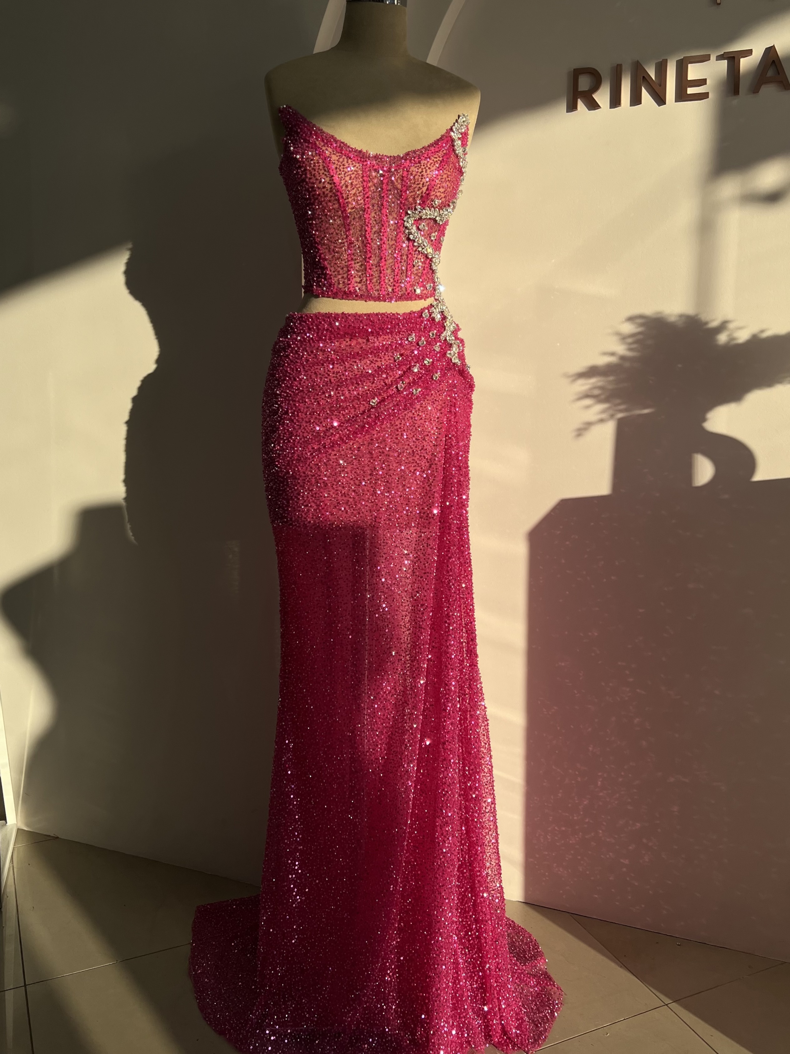 Elegant Pink Beaded Evening Gown