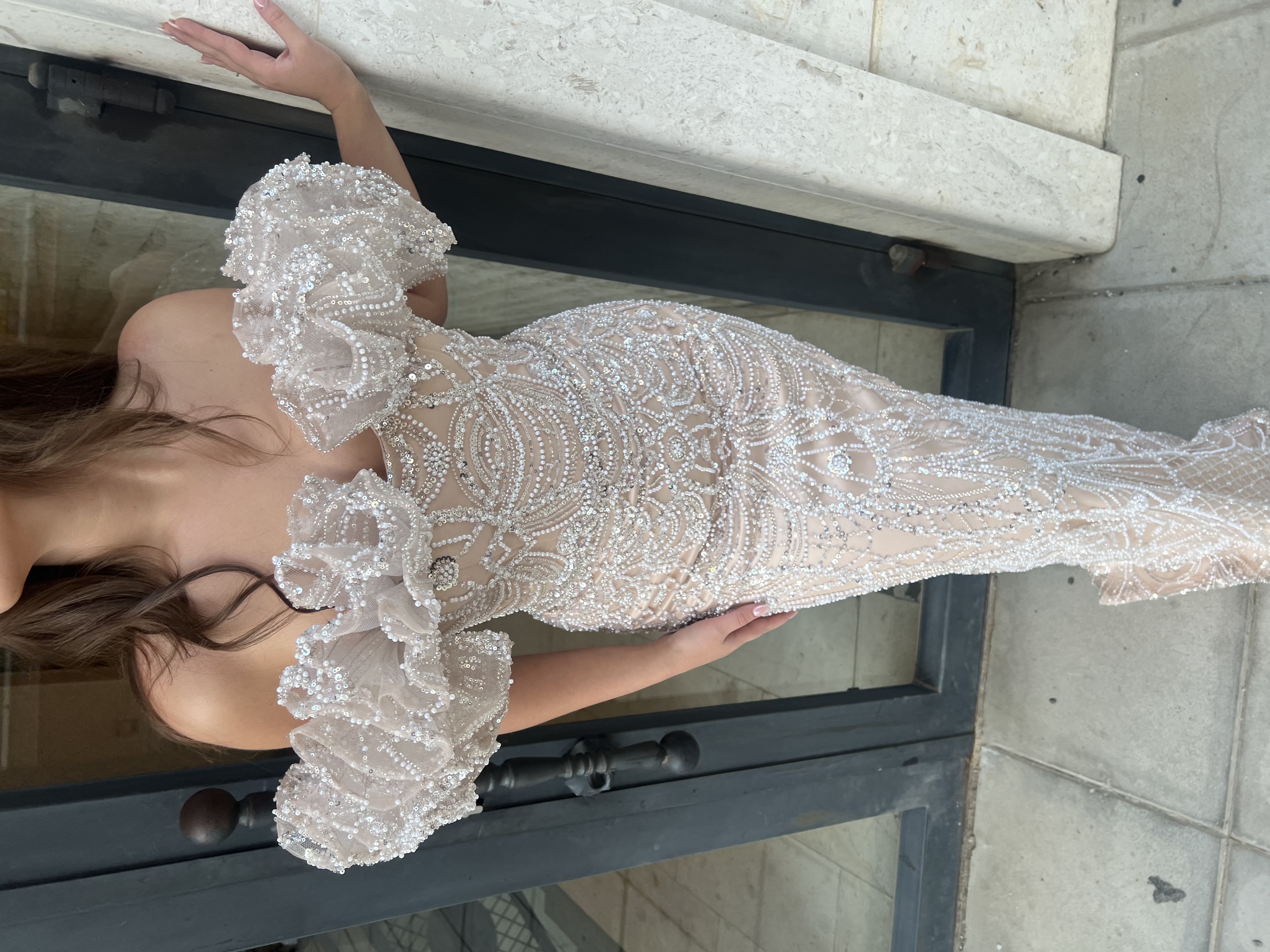 Elegant Pearl-Embellished Evening Gown