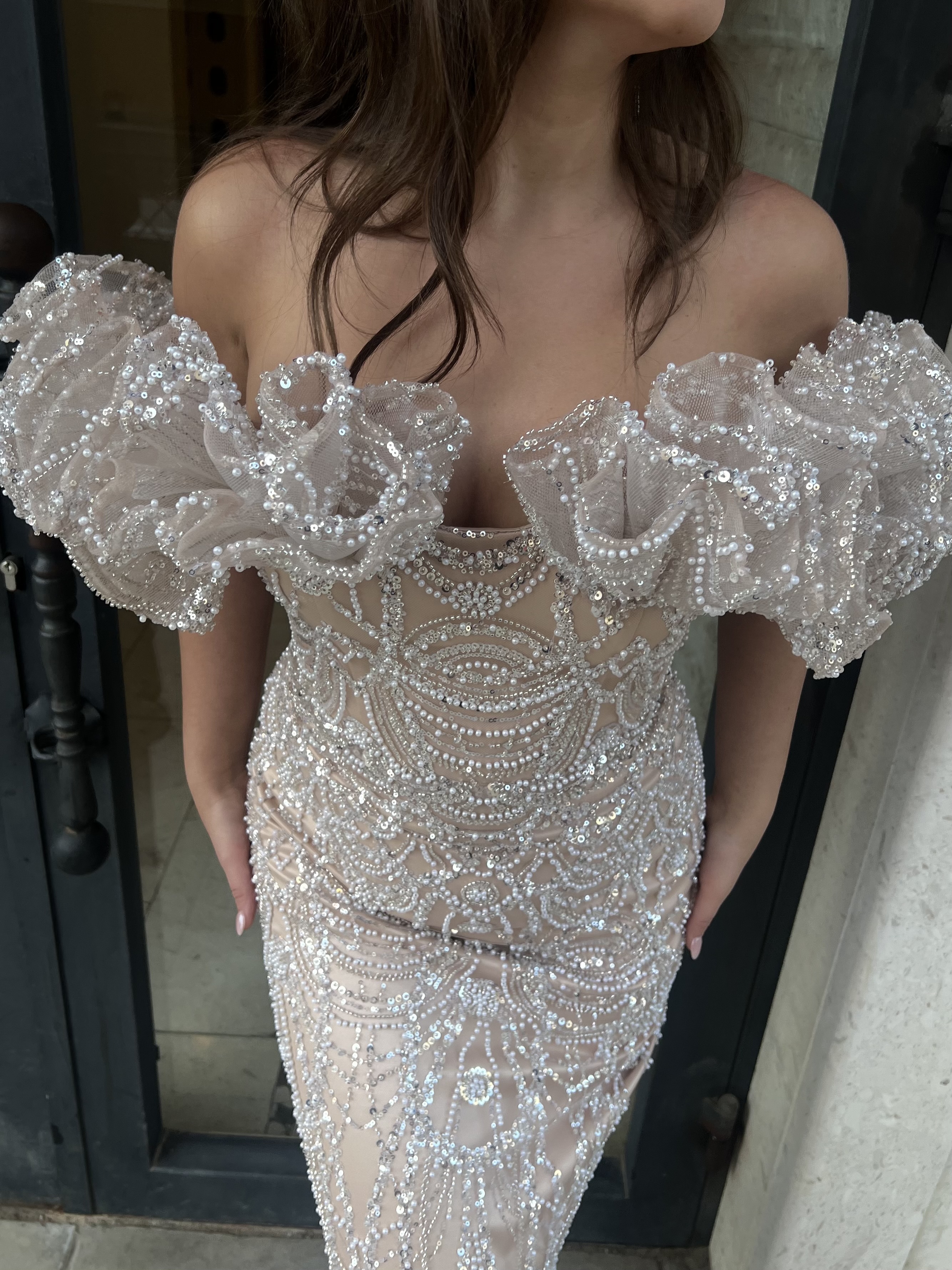 Elegant Pearl-Embellished Evening Gown