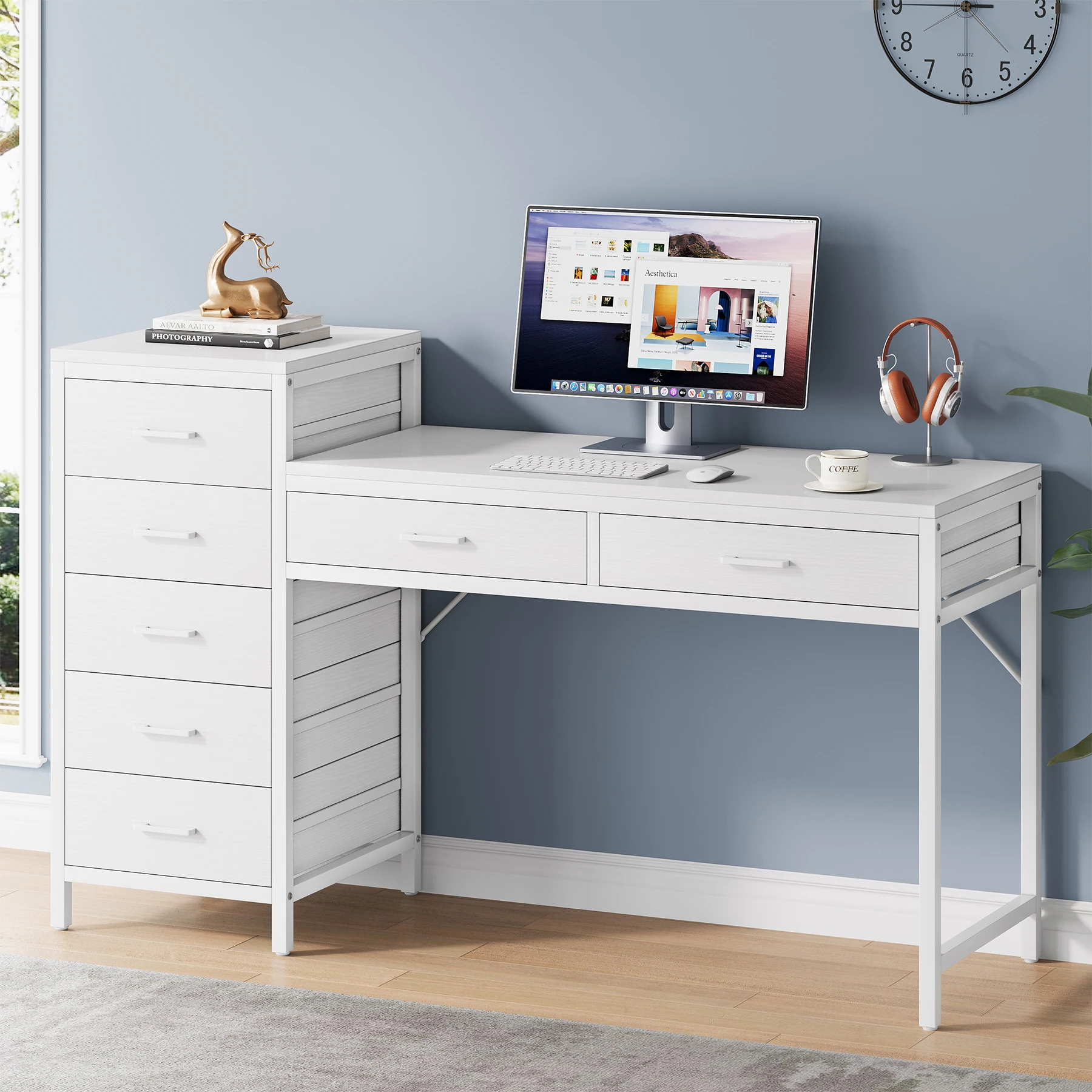 Modern White Computer Desk with Storage
