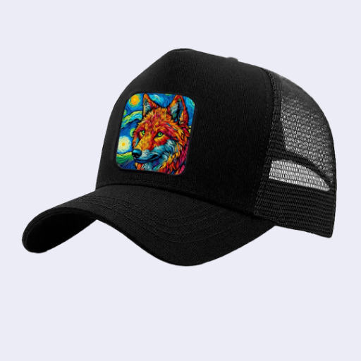 Gorra negra con diseño de lobo