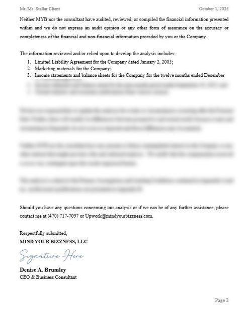 Letter to Accompany Analysis Signed by Business Consultant on Mind Your Bizzness' Company Letterhead